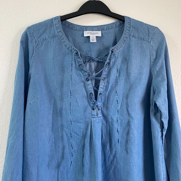 Motherhood Maternity Denim Chambray Lace Up Shirt Roll Tab‎ Sleeve Size M - Picture 4 of 12